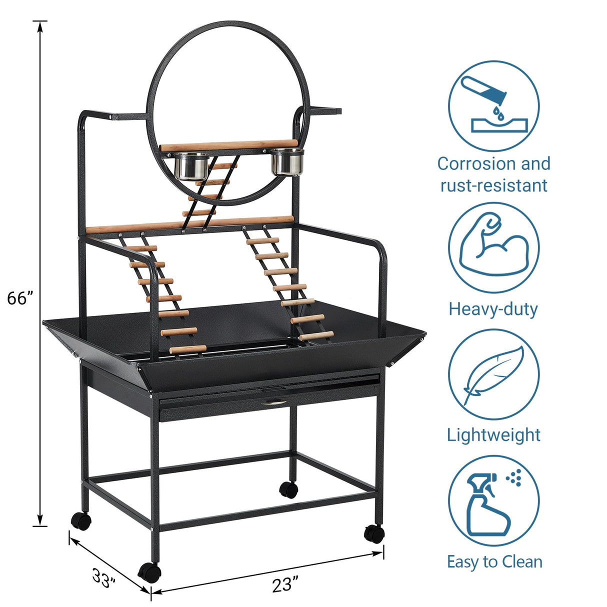 Bird Playstand, 66 in H Inch Birdcage Stand Activity Play Center with Perches and Ladders, Removable Tray, Indoor Outdoor Playground for Parakeet, Cockatiels Conures Parrots, Lockable Caster, Black