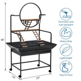Bird Playstand, 66 in H Inch Birdcage Stand Activity Play Center with Perches and Ladders, Removable Tray, Indoor Outdoor Playground for Parakeet, Cockatiels Conures Parrots, Lockable Caster, Black
