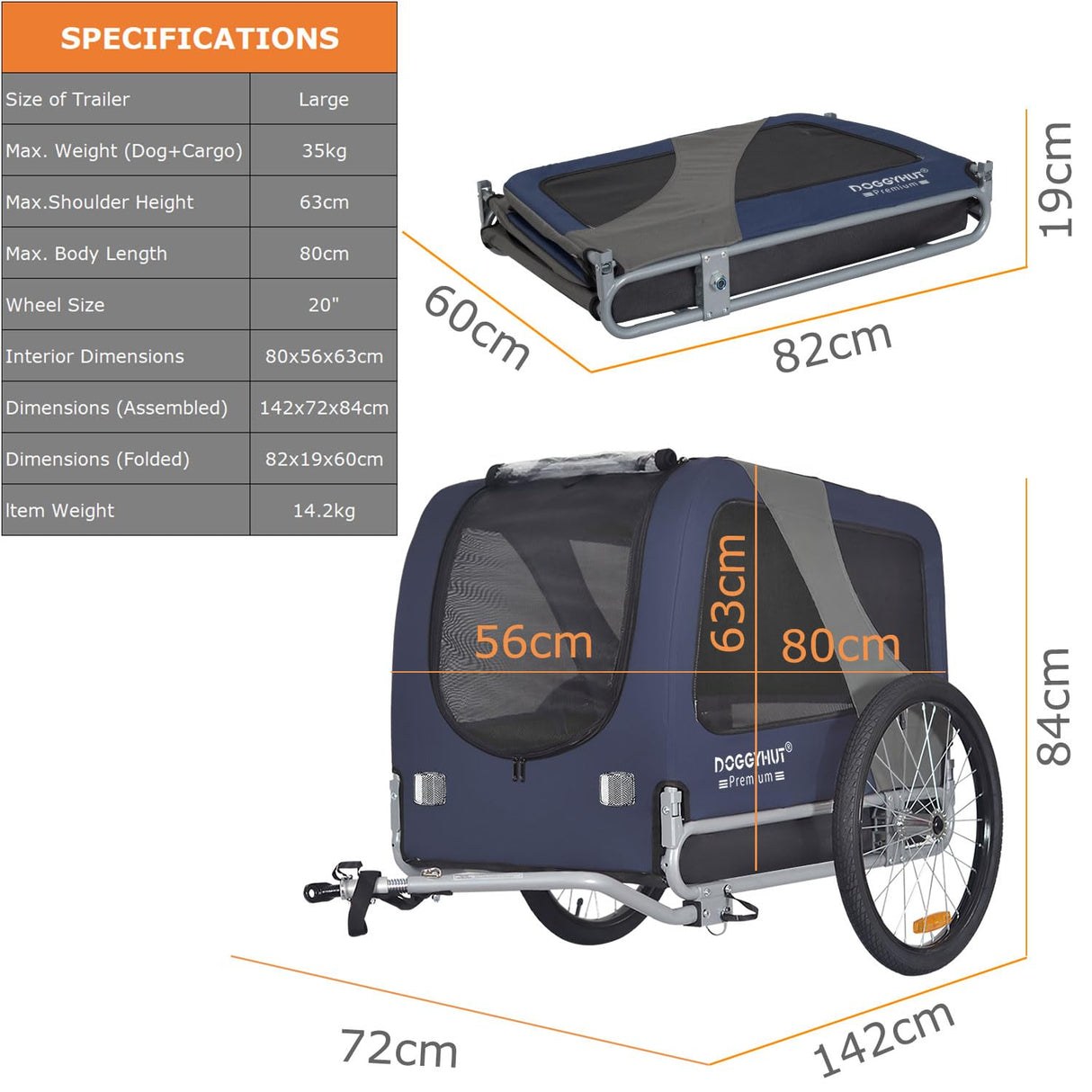 DOGGYHUT® Premium Large Pet Bike Trailer for Medium or Large Dog, Up to 78 lbs,Dog Bicycle Carrier,Low Center of Gravity,Easy Folding Frame (Blue)