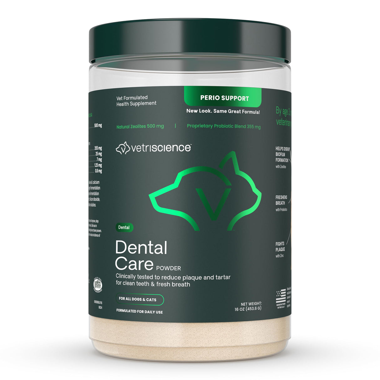VETRISCIENCE Dental Care Powder - Dental Supplement Powder for Dogs & Cats - Supports Breath Freshening - Healthy Teeth & Gums - Easy-to-Use Oral Hygiene for Pets - 16 oz