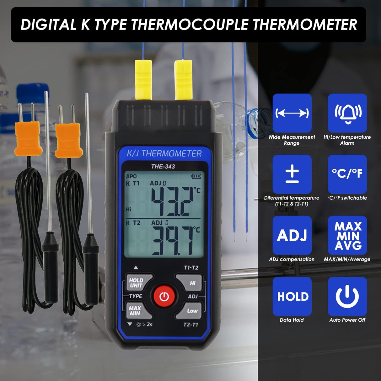 Thermocouple Thermometer Digital K Type Thermometer with 4 Thermocouples, -328~2500℉ Measuring Range HVAC Thermometer Dual Channels Temperature Meter Gauge with LED Backlight & ADJ Compensation