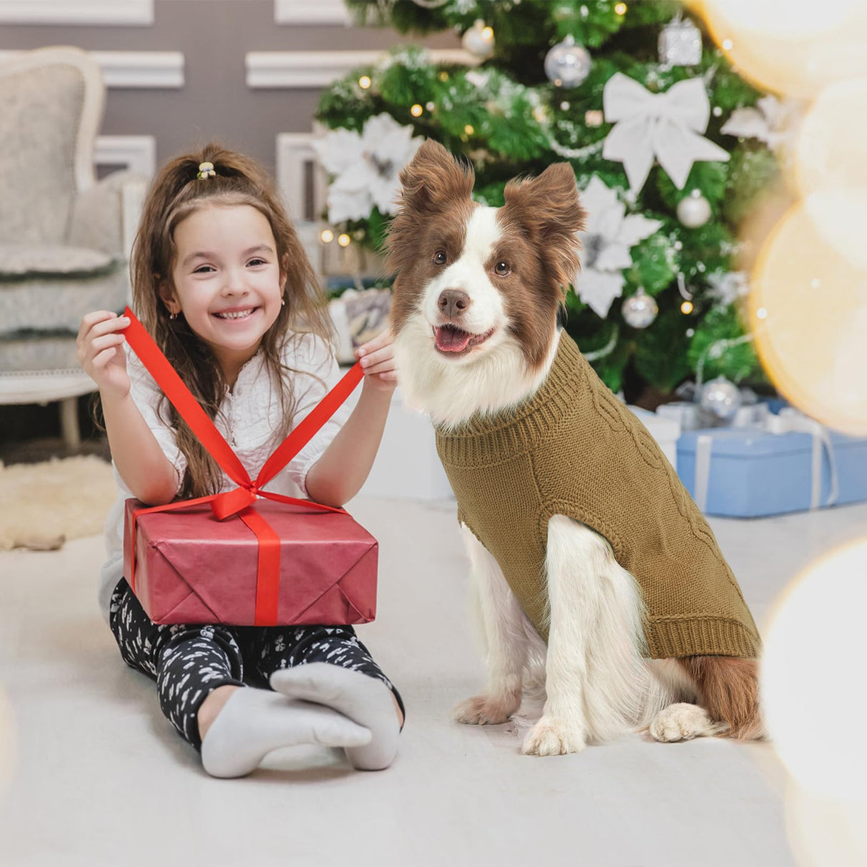 SCENEREAL Dog Sweater for Large Medium Small Dogs Girls Boys, Knitted Dog Winter Coat Warm Sweatershirts Outfits, Classic Pet Clothes with Leash Hole, Soft Pet Knitwear Apparel, Beige SM