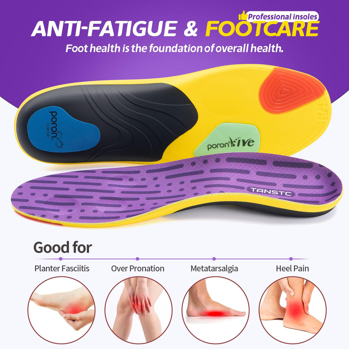 Professional Insoles for Women with Sport Shock Absorption High Arch Support Insoles Flat Feet Inserts Plantar Fasciitis Insoles Pain Relief Orthotics Shoe Insert, Breathable & Anti-Slip, Purple, S