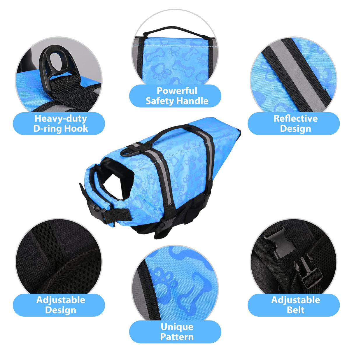 Neween Dog Life Jacket with Reflective Stripes, Adjustable Ripstop Pet Life Vest Lifesaver Preserver with Rescue Handle and High Flotation Swimsuit for Small Medium Large Dog, Blue, Large