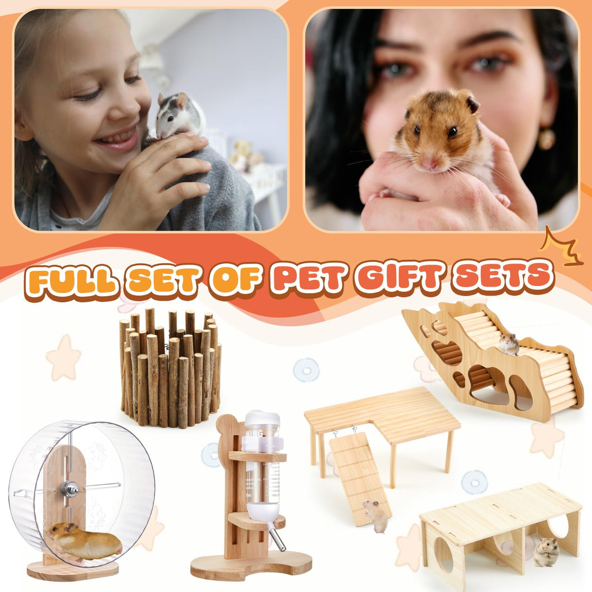 Sonwyoung 6 Pcs Hamster Toys Set, Maze Wood House, Climbing Ladder Wooden Bridge Tunnel Toy Platform Silent Exercise Running Wheels and Water Bottle Set for Rat Guinea Pig Habitat Cage(Basic)