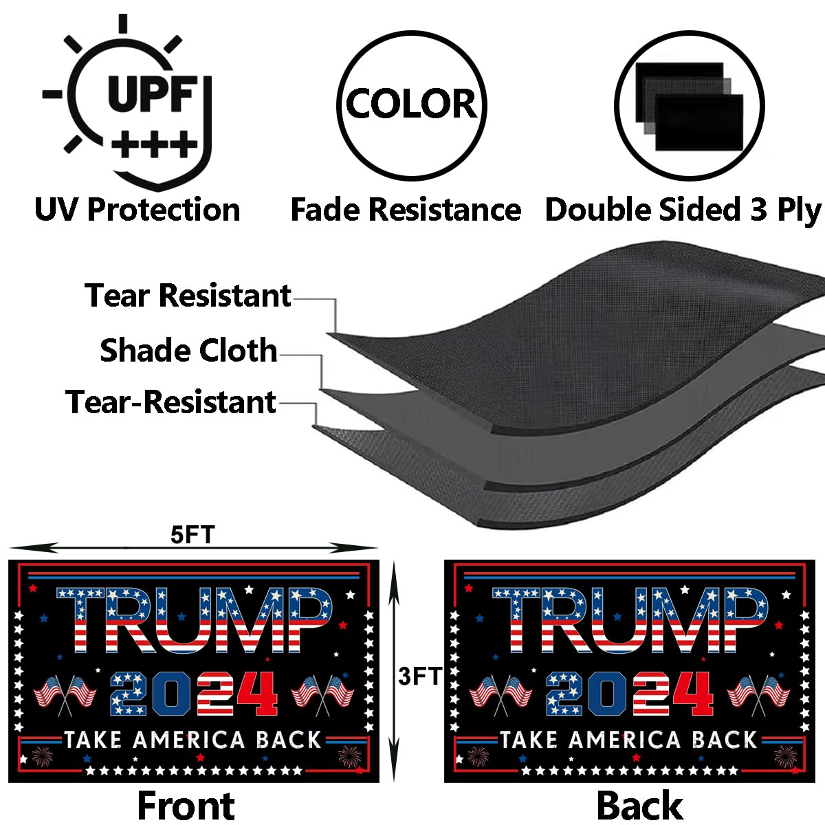 Trump 2024 Flag, 3 x 5FT "TAKE AMERICA BACK" Flag, Double Sided Three Ply Trump Flag, UV protection, Fade Resistant, Durable Flag Suitable for Indoor Outdoor