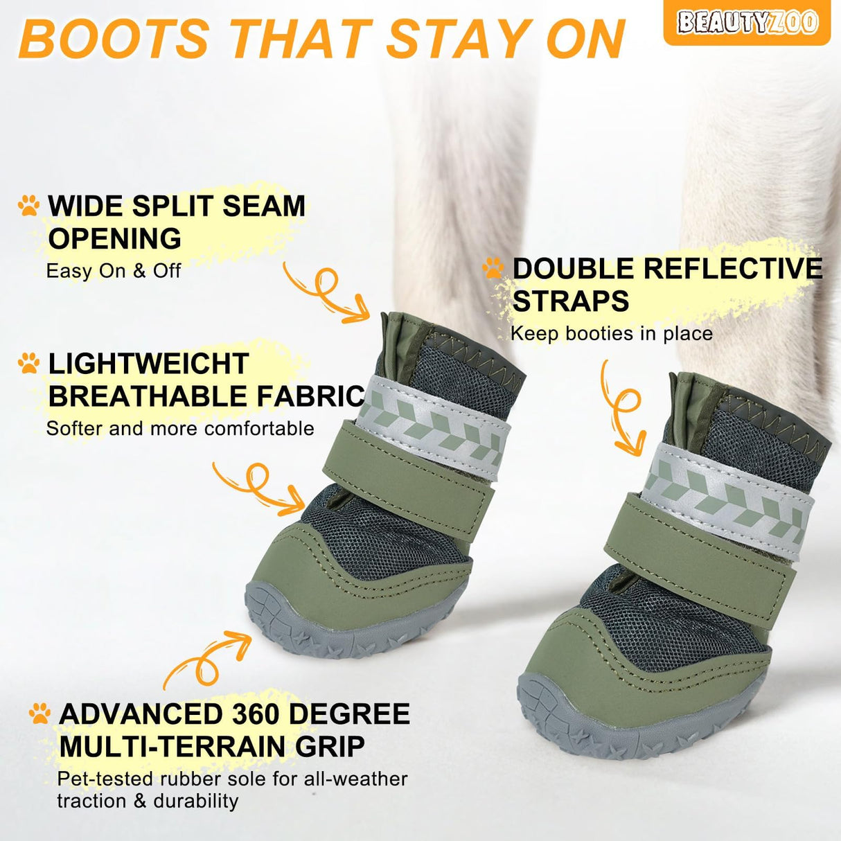 BEAUTYZOO Waterproof Dog Shoes for Winter Cold Weather, Anti Slip Dog Boots for Medium Large Senior Dogs, Breathable Dog Booties and Paw Protectors to Prevent Licking, 4PCS Doggie Hiking Boots