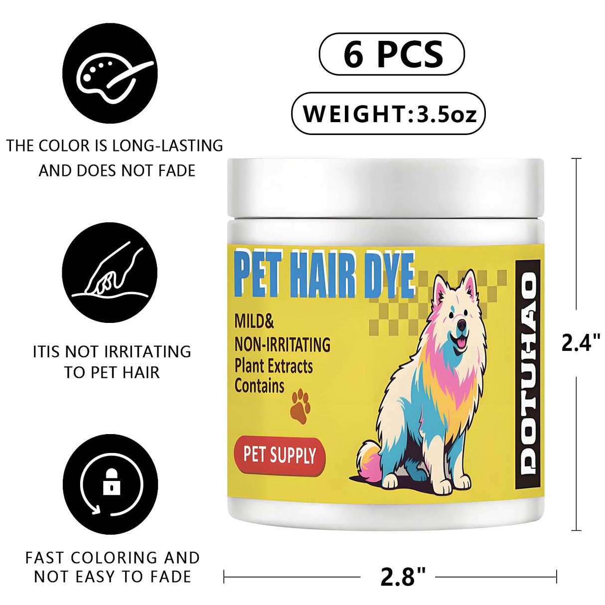DOTUHAO Dog Hair Dye, 6 Color Pet Hair Dye, Pet Safe Dye, Dog Hair Coloring Agent, Fashionable DIY Pet Grooming Easy to Use Pet Hairs Dye Permanent for Pets Grooming (6 colors, 3.5 fl oz / 100 ml)