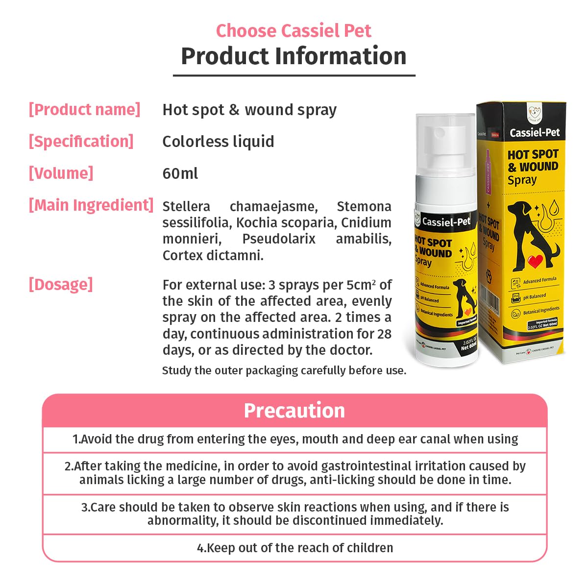 Cassiel pet Hot Spot Spray Treatment, Wound Care & Itch Relief Spray for Dogs and Cats, Relives Scratching, Itchy Skin and Paw Licking, for All Animals, 2.02oz