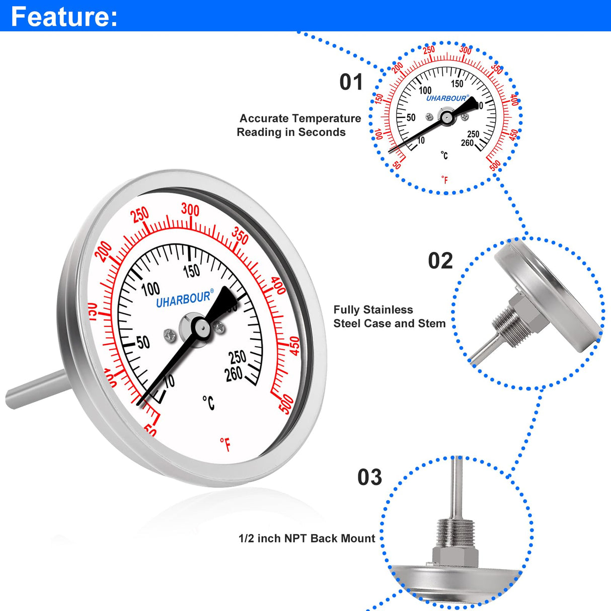 UHARBOUR 3" Dial Oil Thermometer for Frying, Fully StainlessSteel Deep Fry Thermometer, 4" Stainless Steel Stem, 50 to 500°F, 1/2" NPT Back Mount