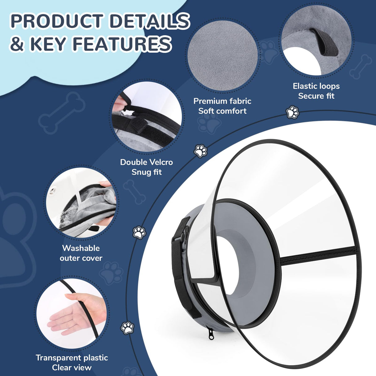 Sponge Core Dog Cone, Inflatable Dog Cone Collar Alternative, Dogs Donut Collar After Surgery, Soft Cone for Large Medium Small Dogs to Stop Licking, No Inflation Required, Clear View(Size 6, Gray)