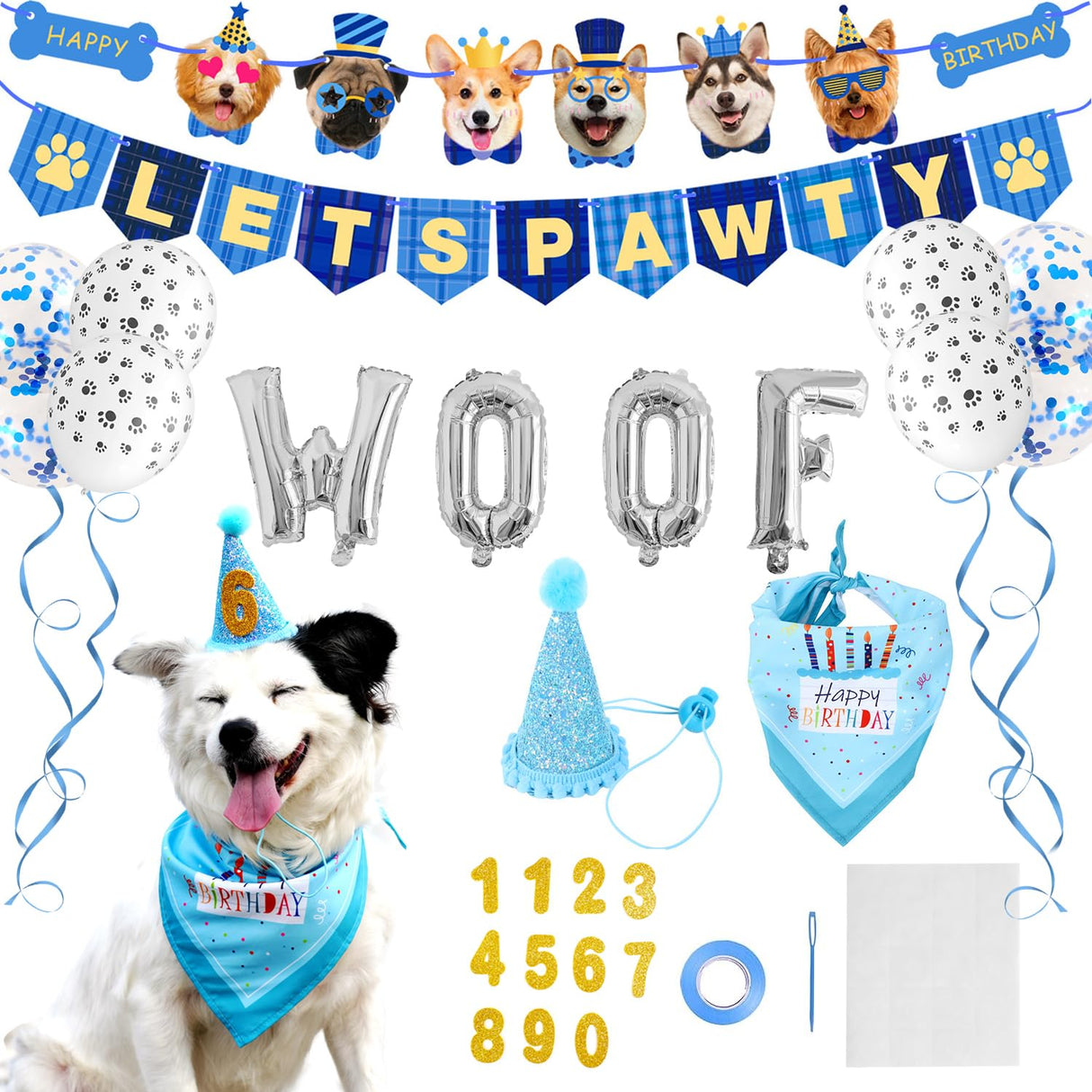 Zaabaazina Dog Party Supplies - Blue Dog Bandana, Birthday Hat, Banner, Balloons for PAWTY & WOOF Decorations