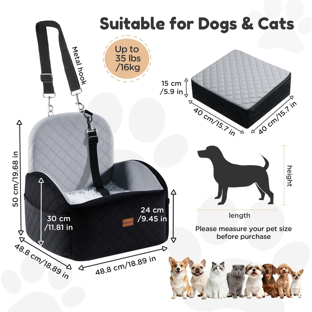 Gimars Upgrade Dog Car Seat with Reversible Long & Short Plush Seat Cushion for Small/Medium Dogs Up to 40lbs, Detachable Washable Anti-Slip Dog Booster Seat with 5.9'' 28D Egg-Crate Foam, S
