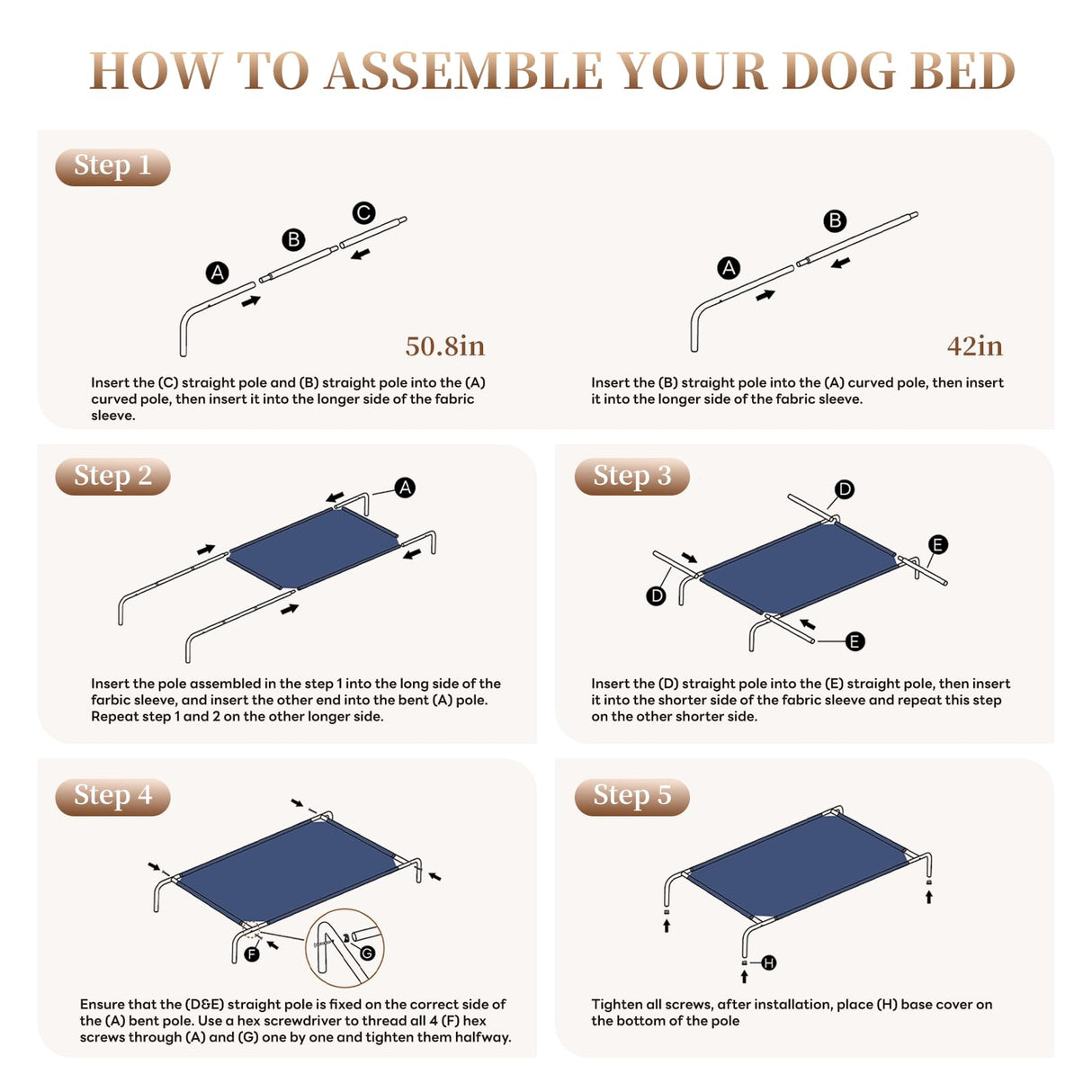 STARLATTA Elevated Dog Bed for Large Dogs, Washable Raised Cot with Skid-Resistant Feet, Waterproof Cooling Dog Beds with Oxford Cloth, Indoor/Outdoor Use, Blue 50in