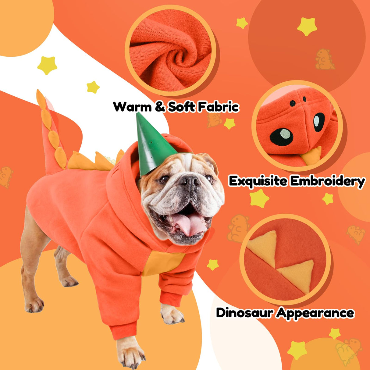 Lelepet Dinosaur Costume - Small Dog Halloween Costume, Warm Fleece Hoodie for Small Dogs, Thick Sweatshirt, French Bulldog, Beagle, Lab, Dachshund, Greyhound, Pitbull, Orange （XS-2XL