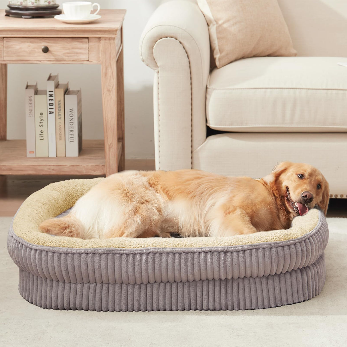 DEBANG HOME Orthopedic Dog Bed for Medium Dogs Breeds, High Density Egg Crate Foam Dog Sofa Beds,Oval Kennel Bed, Pet Couch Bed with Four Sided Bolster, Removable Washable Cover& Non-Slip Bottom