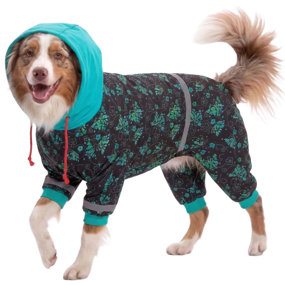 LovinPet Large Breed Dog Onesie Pajamas - UV & Wound Care, Dog Anxiety Relief, Dog Jammies, Reflective Stripe, Butterflies and Rings Black/Green Print, Post Surgery Pet PJ's /3XL
