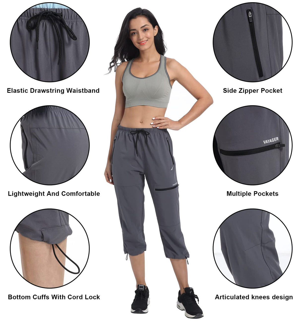 VAYAGER Sports Women's Outdoor Hiking Capri Pants Loose-Fit Lightweight with Zipper Pockets Grey