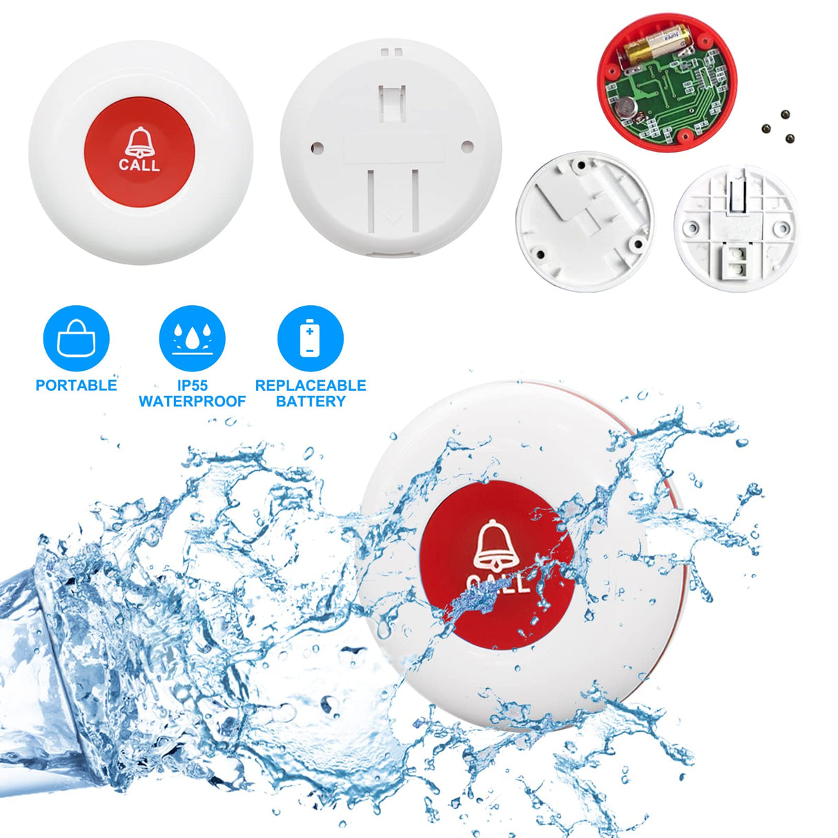 CallToU Wireless Caregiver Pager Call Button Call Bell Medical Alert System for Seniors Patients Elderly at Home 2 Waterproof Transmitters 3 Plugin Receivers