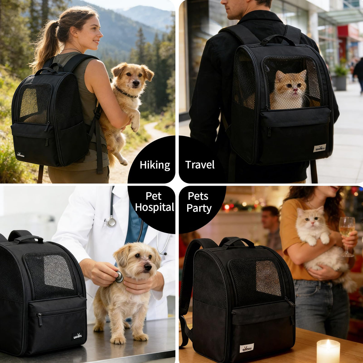 wakytu Cat Carrier Backpack,Steel Wire Frame More Stable,600D Wear-Resistant Oxford Fabric, Dog Carrier Cat Backpacks Suitable for Travel,Black