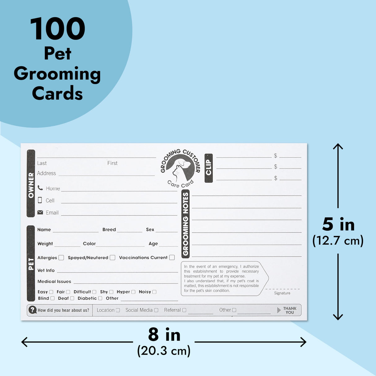 Juvale Pet Grooming Cards - Double-Sided Dog Grooming Client Cards - Pack of 100, 8 x 5 in