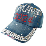Gamusi Trump 2024 Baseball Cap Denim Distressed Bling Rhinestone Hat USA Flag Cap Adjustable Unisex (Trump 2024)