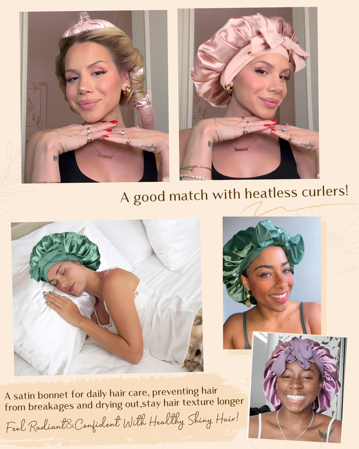Adjustable Satin Bonnet for Sleeping Women Double Layer Hair Wrap Reduce Friction Prevent Frizz Natural Curly Hair, Blush Pink