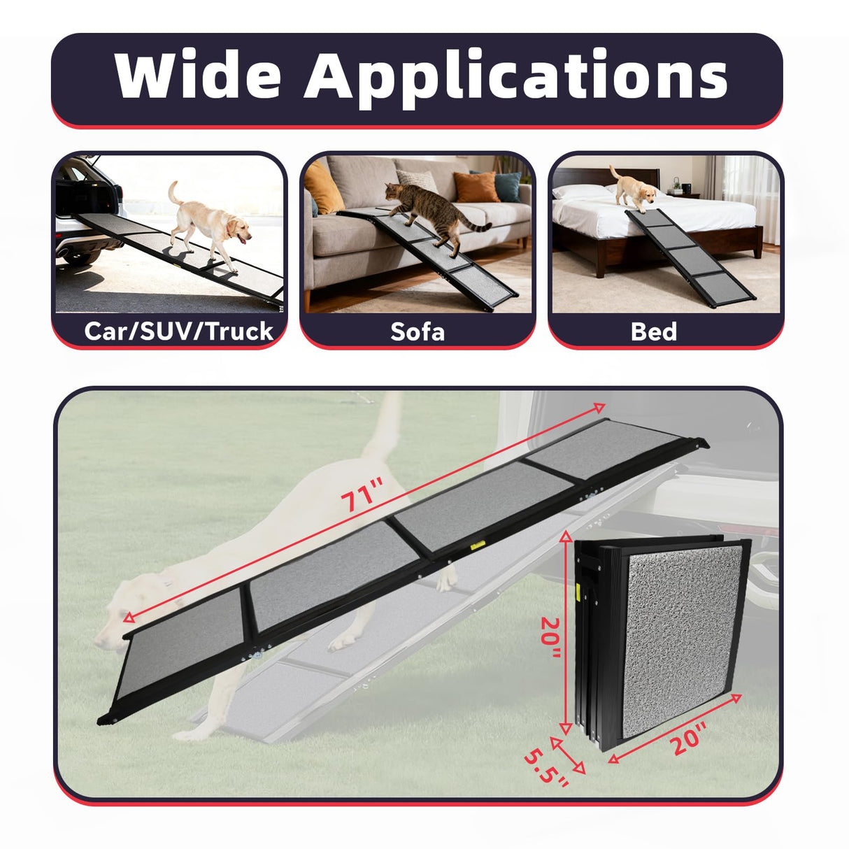PENSUN Dog Ramp for Car, 71" x 20" Foldable Pet Ramp with Non-Slip Rug Surface, Portable Dog Car Ramp for Medium & Large Dogs Up to 250LBS Enter SUV Car & Truck