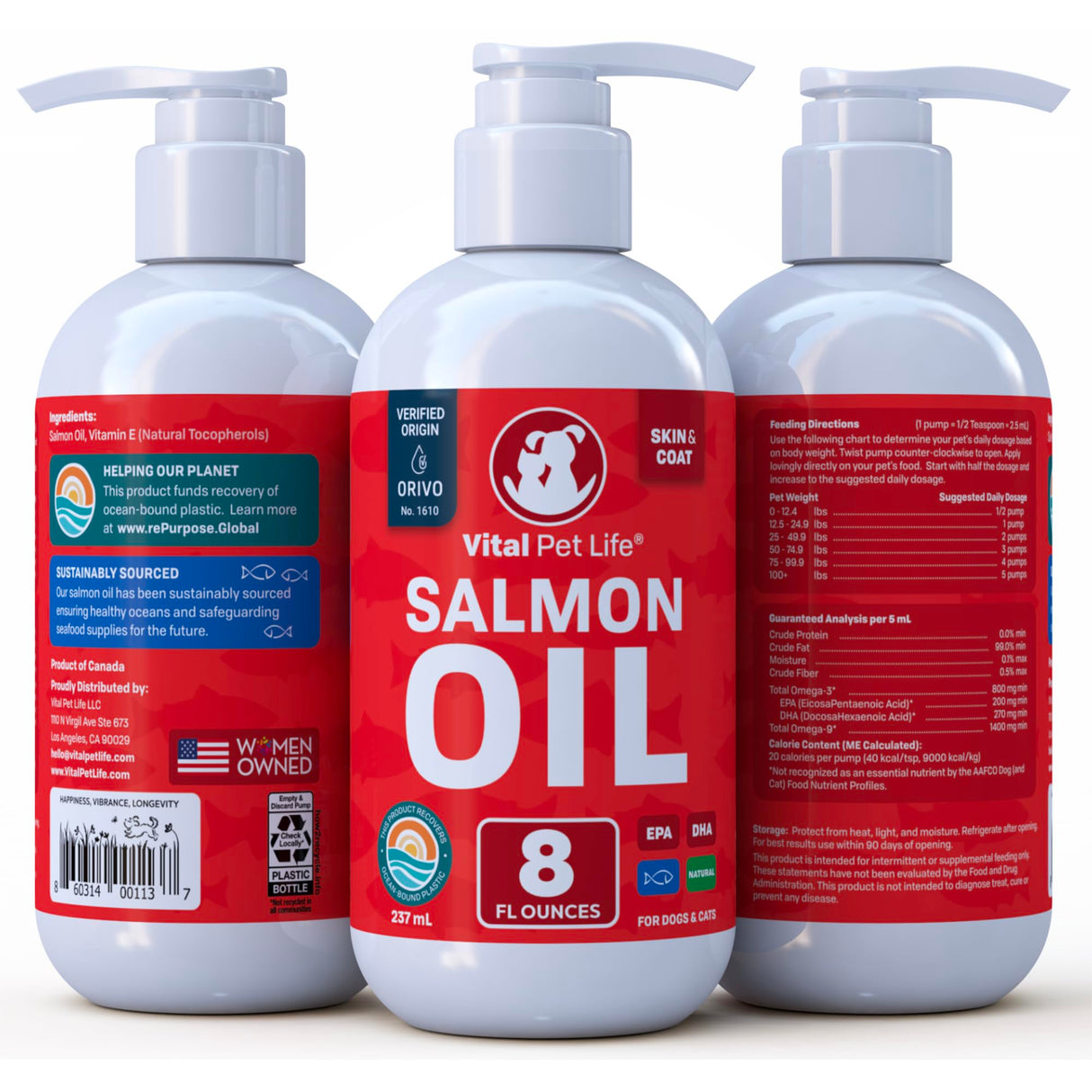 Salmon Oil for Dogs & Cats - Healthy Skin & Coat, Fish Oil, Omega 3 EPA DHA, Liquid Food Supplement for Pets, All Natural, Supports Joint & Bone Health, Natural Allergy & Inflammation Defense, 8 oz