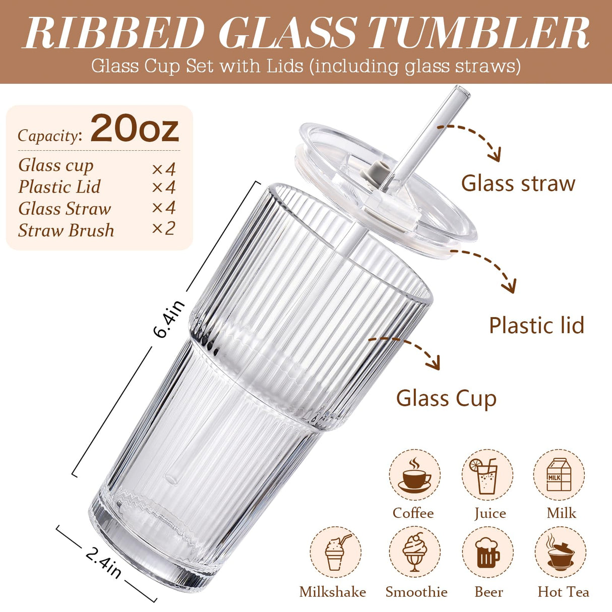 Iced Coffee Cups with Lids: Coffee Bar Accessories - Ribbed Glass Tumbler with Straw and Lid 4Pcs - 20oz Leak Proof Tumbler - Reusable Glass Cups and Tumblers with Lid and Straws for To Go Iced Coffee