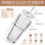 Iced Coffee Cups with Lids: Coffee Bar Accessories - Ribbed Glass Tumbler with Straw and Lid 4Pcs - 20oz Leak Proof Tumbler - Reusable Glass Cups and Tumblers with Lid and Straws for To Go Iced Coffee