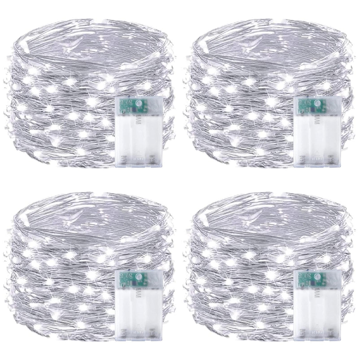 4-Pack White Fairy Lights Battery Operated with Timer, Waterproof 16FT 50 LED String Lights Outdoor Indoor, Twinkle Lights for Bedroom Home Wedding Birthday Christmas Parties Centerpiece (Cool White)