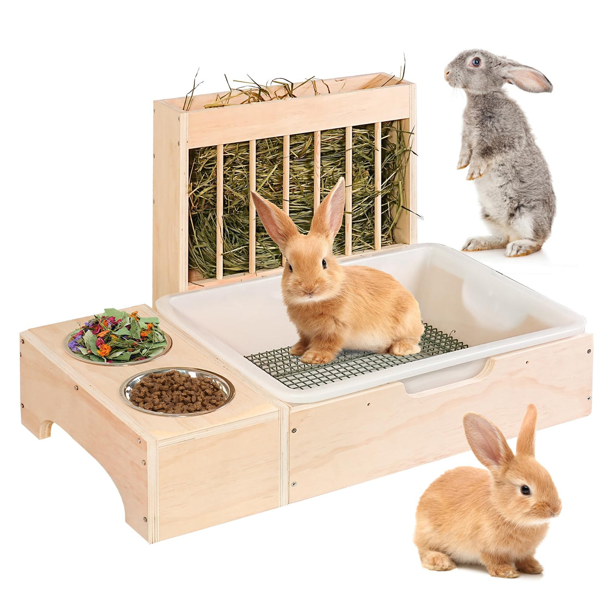 3 in 1 Extra Large Rabbit Hay Feeder with Litter Box, Wooden Bunny Toilet, for Large and Medium-Sized Dwarf Rabbit, Guinea Pig, Chinchillas, Hamster, Ferret, Other Animals
