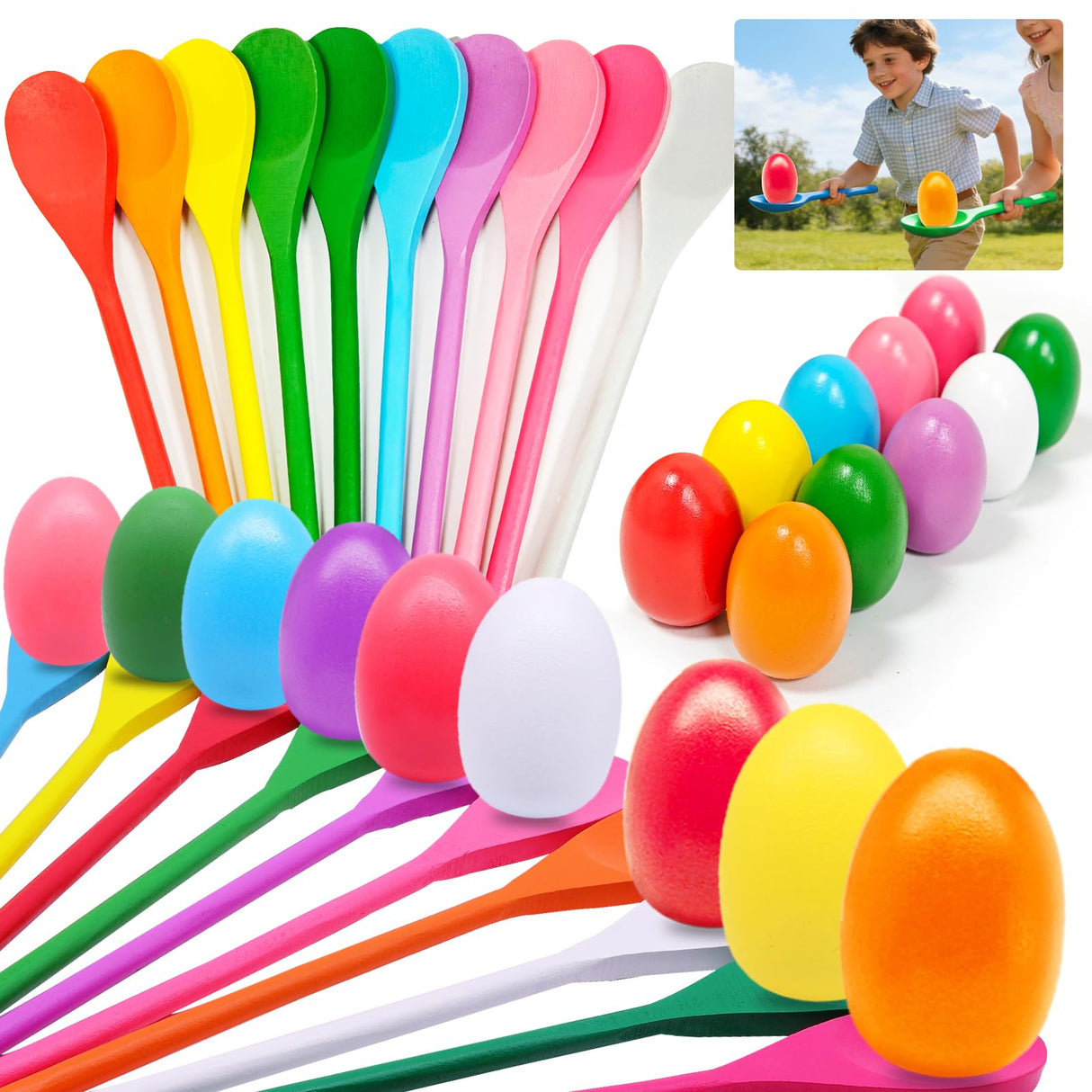 TOPLEE 20 Pcs Easter Egg and Spoon Race Game Set, 10 Players Balance Relay Easter Games Include 10 Eggs and Wooden Spoons for Kids Family Carnival Sports Outdoor Games Holiday Birthday Party Supplies