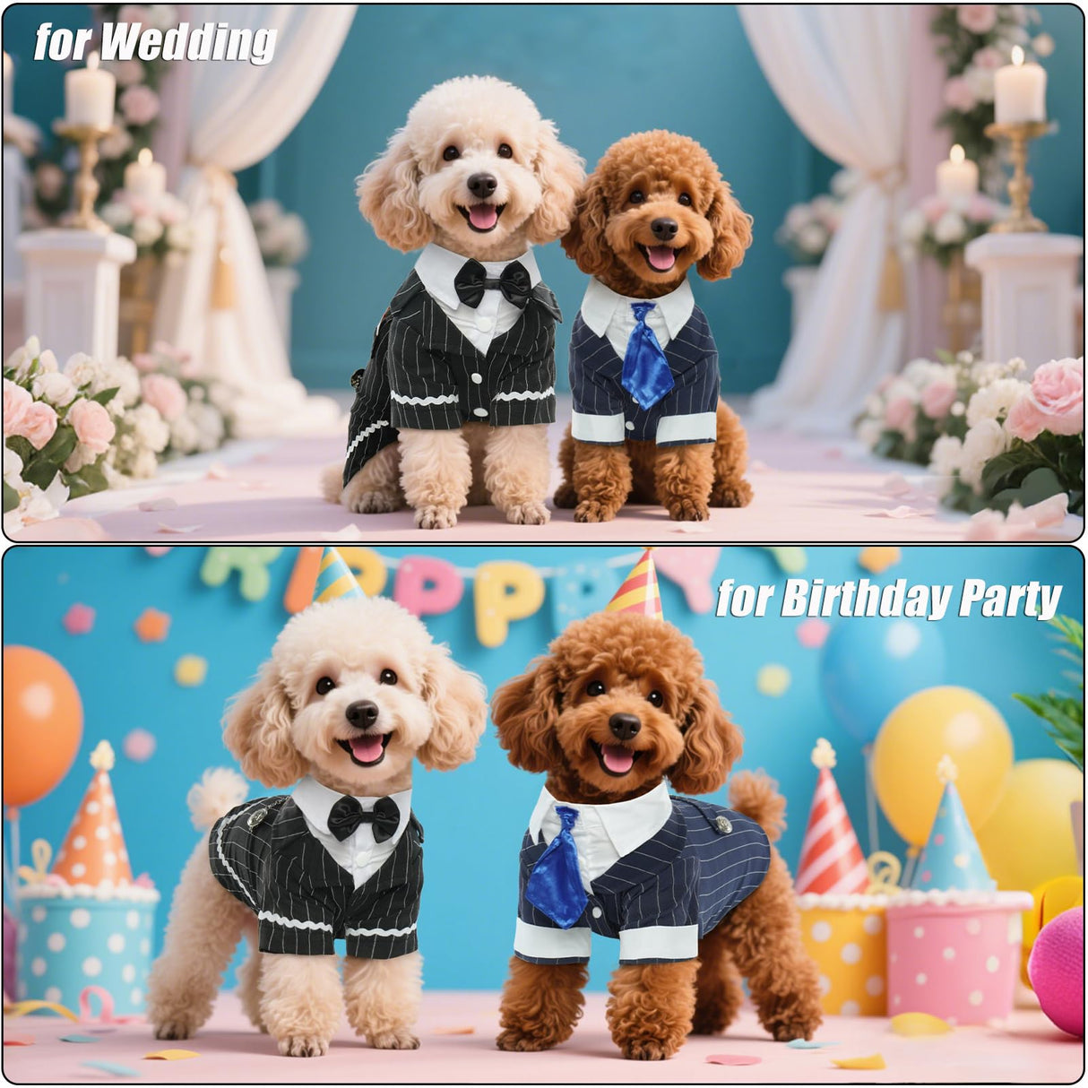 DENTRUN Navy Blue Dog Tuxedo - Formal Pinstripe Pet Suit Shirt with Satin Tie, Elegant Wedding Outfit Birthday Party Attire for Golden Retriever Husky Border Collie Large Dogs (Polyester), XXXL