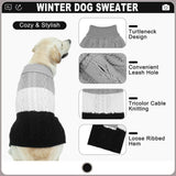 EXPAWLORER Dog Sweater with Leash Hole - Large Dogs Fall Sweaters for Girls Boys,Classic Turtleneck Knitwear Dog Clothes for Cold Weather, Cable Knit Dogs Outfit,Coat,Pet Apparel(Black&Grey,L)