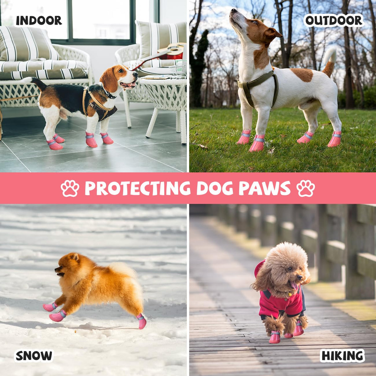 Pink Dog Shoes for Small Dogs, Anti-Slip Dog Boots with Reflective Strips, Puppy Paw Protectors for Ourdoor Indoor Walking Winter Snow Summer Hot Pavement, Waterproof in Rainy Weather 4PCS/Set