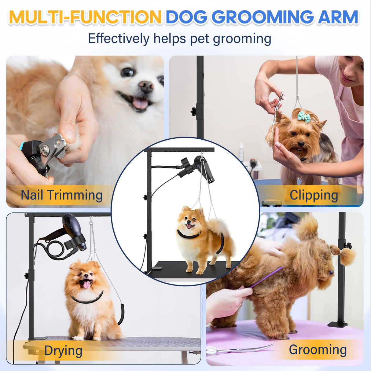 Dog Grooming Arm with Hair Dryer Stand, Adjustable 37'' Dog Grooming Table Arm with Clamp & Dogs Restraints for Grooming Small Medium Dogs Cats, Foldable Pet Grooming Stand at Home