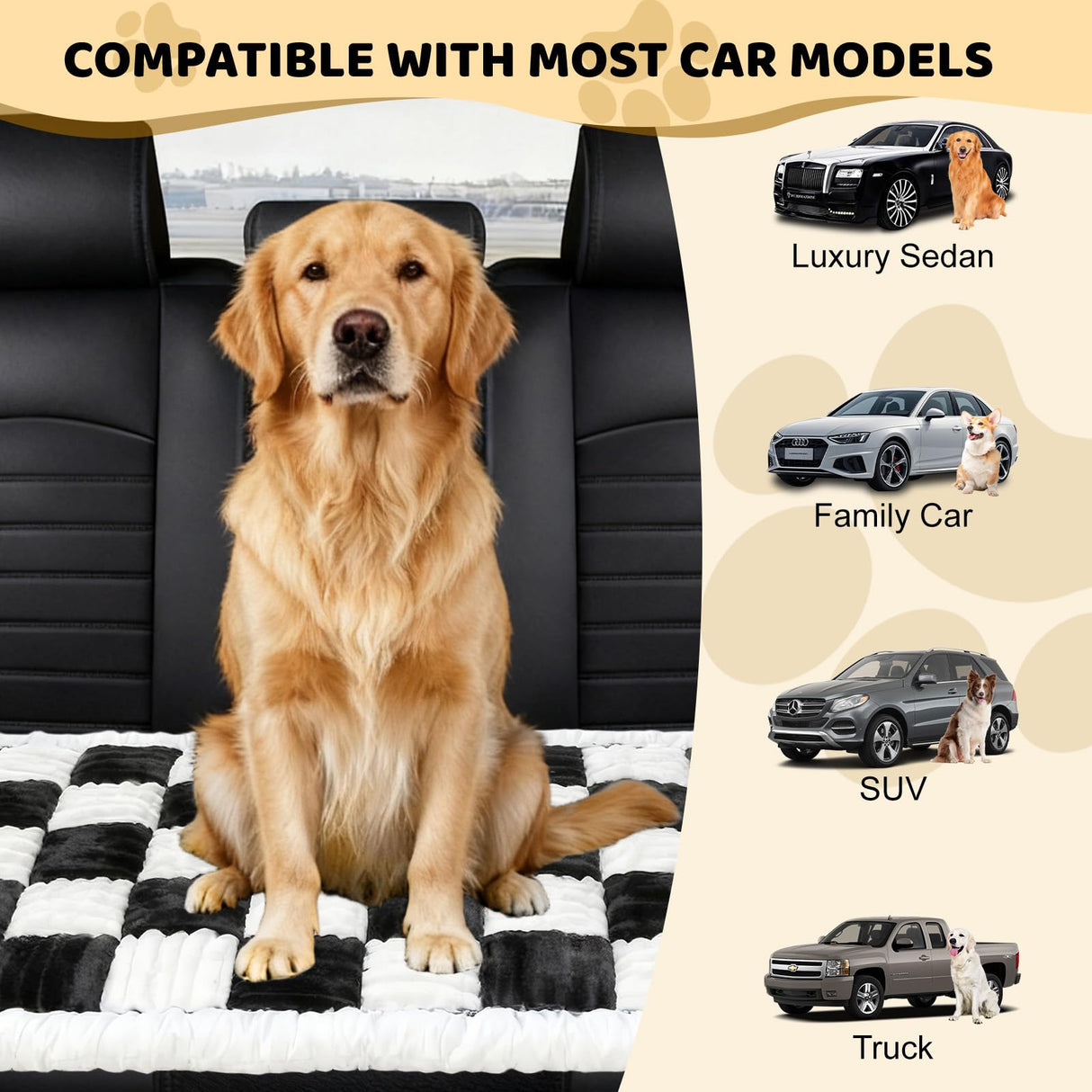 iChosen Dog Bed Mat for Car Backseat Extender, 24.8'' x 54'' Non-Slip Travel Pet Blanket for Back Seat, Washable, Soft & Scratch-Proof, Universal Fit for Car, SUV, Truck, 2'' Thick (Black & White)
