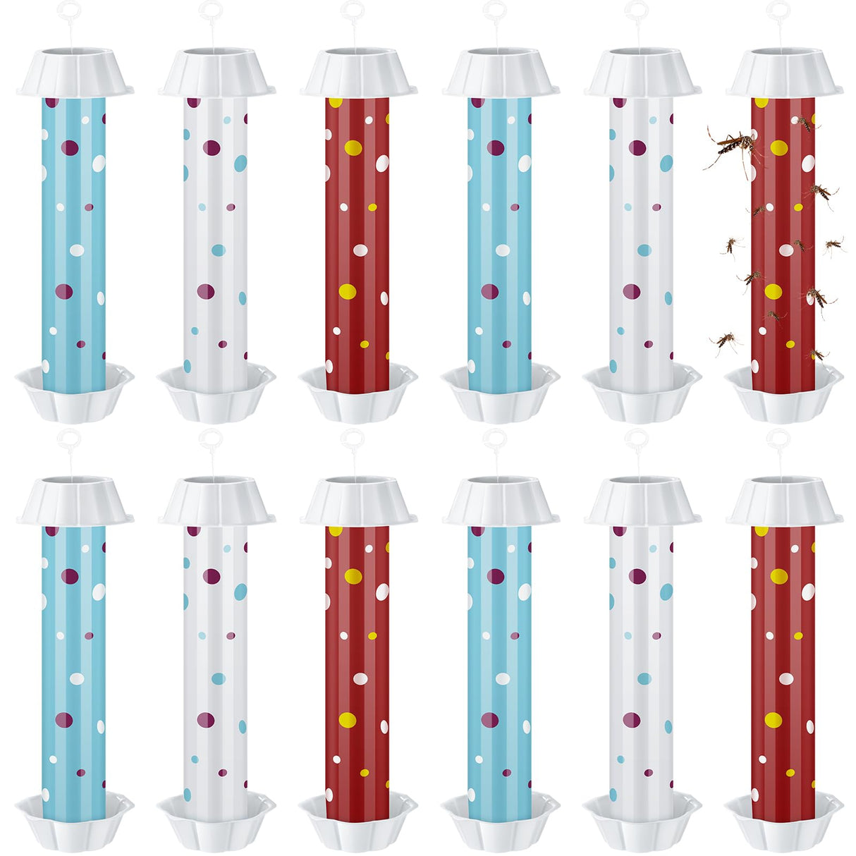 12 Pcs Sticky Fly Trap Fly Stick Indoor Outdoor Long Lasting Adhesive Fly Catcher with Hanging Hook for Wasps Gnats Bugs Insects Moths Fruit Flies Mosquitoes Spiders Fleas (White, Blue, Red)