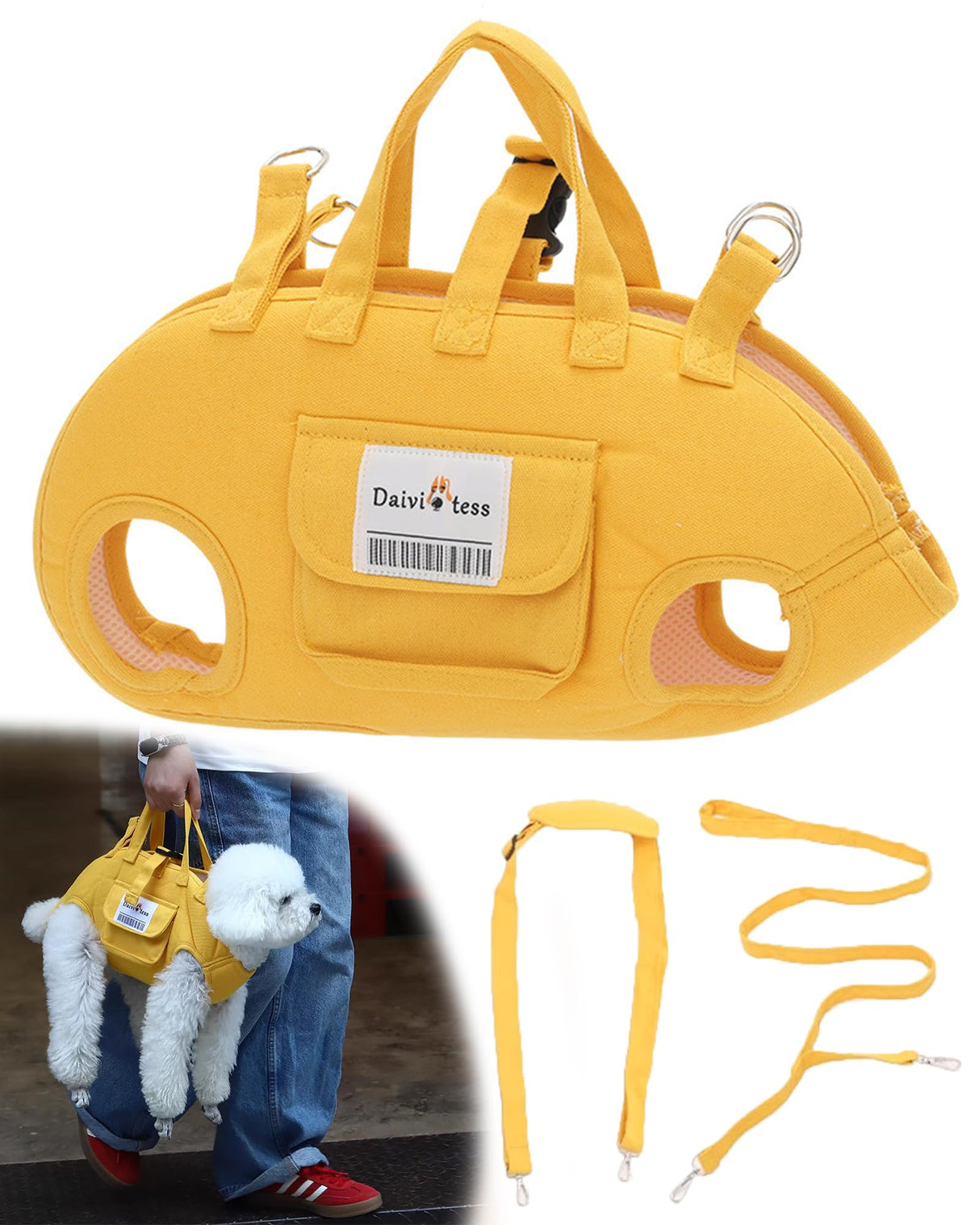 Dog Carry Sling for Small Dogs, Full Body Sling with Handle, Hands Free Shoulder Carrier for Senior Dogs Joint Injuries, Joint Injuries, Up and Down Stairs (Yellow,S, 5.5~8.8 lbs)