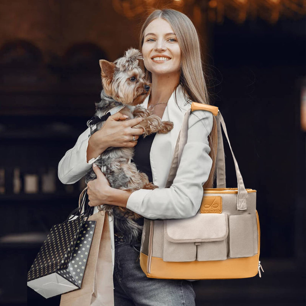 Johomviin Dog Carrier, Cat Carrier, Pet Carrier, Foldable Waterproof Premium PU Leather Oxford Cloth Dog Purse, Portable Tote Bag Carrier for Small to Medium Cats and Small Dogs