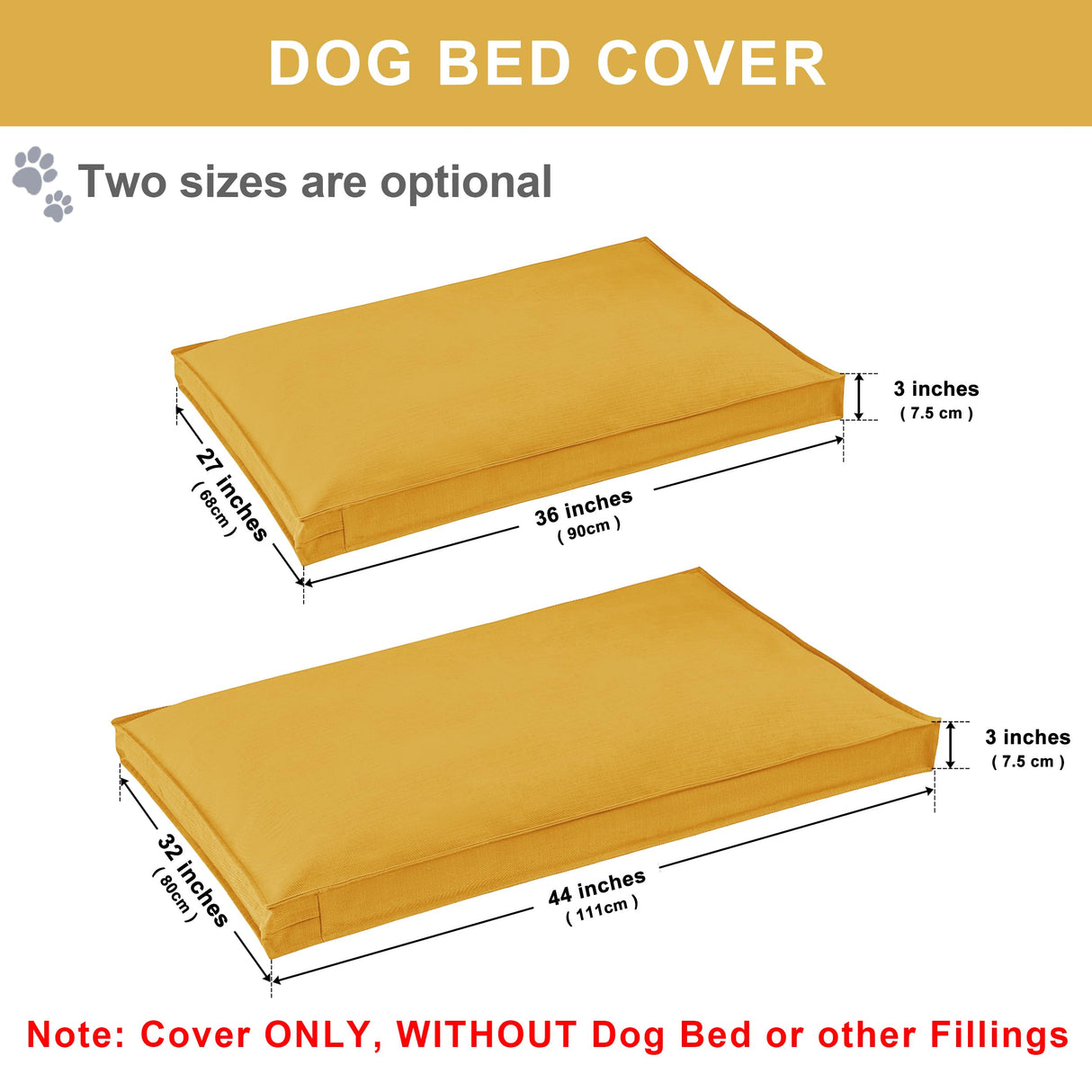 VENESSCO Dog Bed Covers Replacement Washable, Waterproof Dog Bed Cover with Zipper, 44Lx32Wx3H inch Durable Oxford Pet Bed Cover for Outdoor/Indoor Use, Cover Only, Yellow