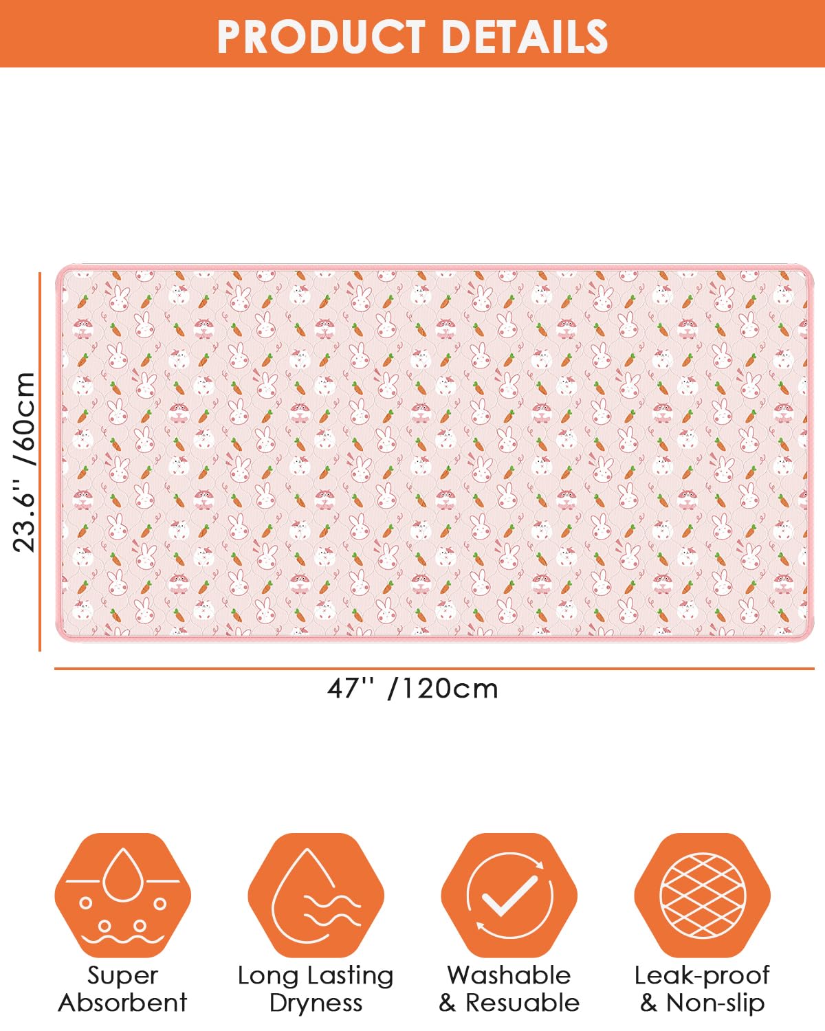 Bissap 2 Packs Guinea Pig Cage Liners, 47''X24'' Washable Guinea Pig Pee Pads Non Slip Reusable Fast and Super Absorbent Bedding for Small Animals Rabbit Hamster Chinchillas Rat - Pink