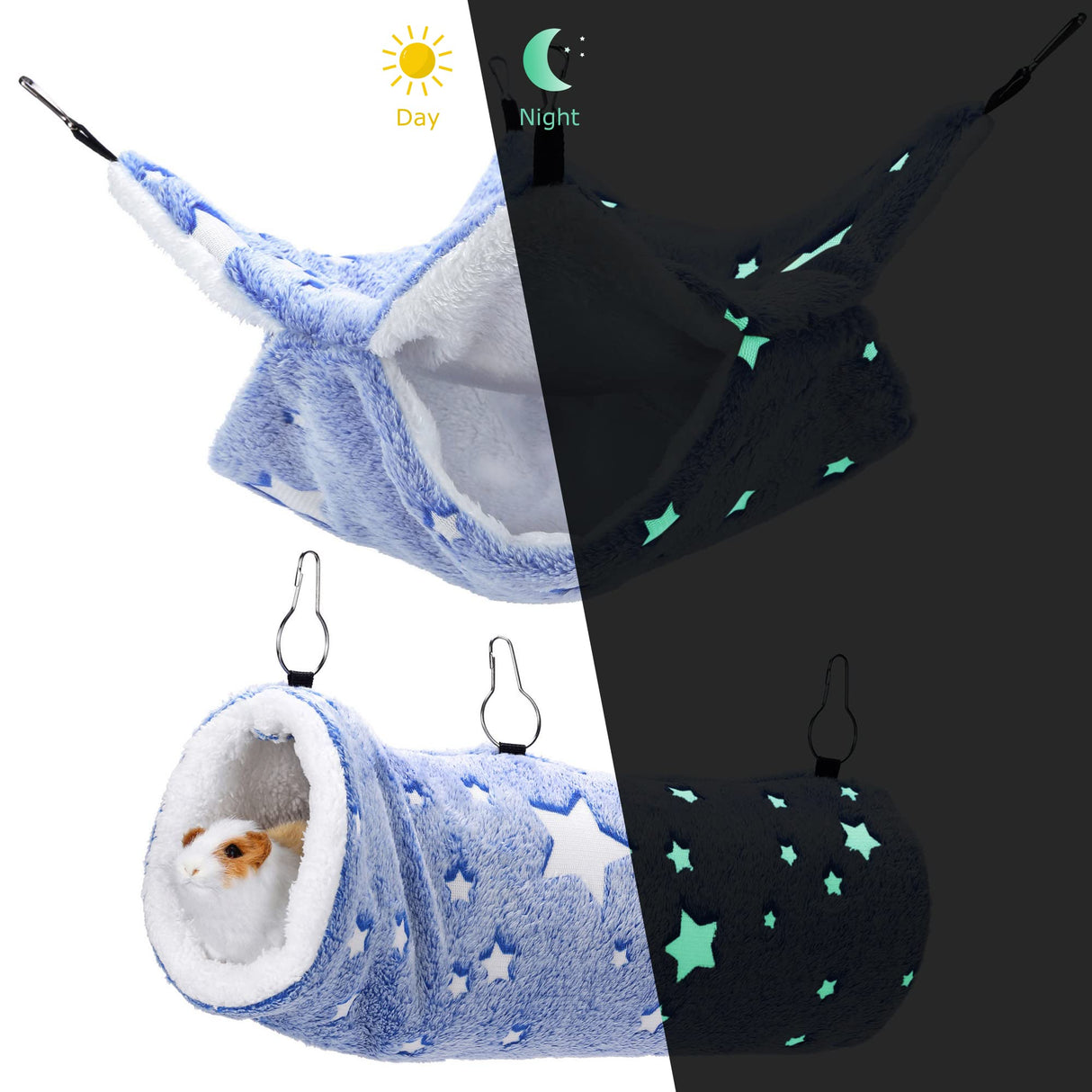Mogoko Noctilucent Luminous Guinea Pig Rat Hammock Bunkbed Hanging Tunnel and Soft Bed Mat for Ferret Hedgehog Squirrel Hideout Cage Accessories (Tunnel and Bunkbed Hammock)