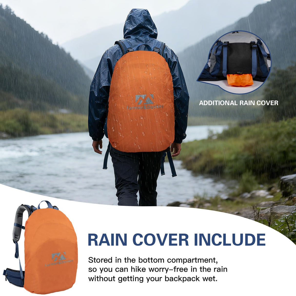 Farmer&Donkey Hiking Backpack, 40L Waterproof Camping Backpack with Packable Back Panel & Rain Cover, Men Women Rucking Backpacking Backpack Outdoor Sport Lightweight Travel Daypack for (Grey)
