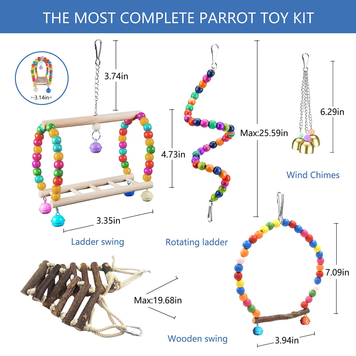 Sysmashing 22 Packs Bird Parakeet Cockatiel Toys,Parrot Swing Chewing Hanging Toy with Safe Bells,Bird cage Colorful Climbing Standing Rope Natural Wood Ladder Bungee Toys