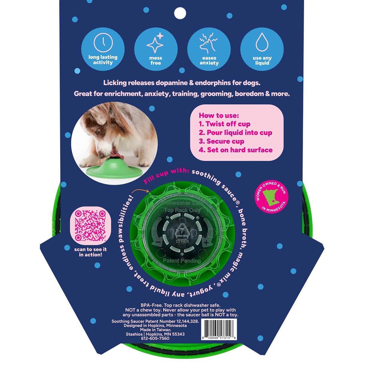 Stashios: Soothing Saucer - Dogs Slow-Licking Device, Rolling Ball Dispenses Liquid, Pet Calming Activity, Fill W/Liquid Treats-Broth-Soothing Sauce