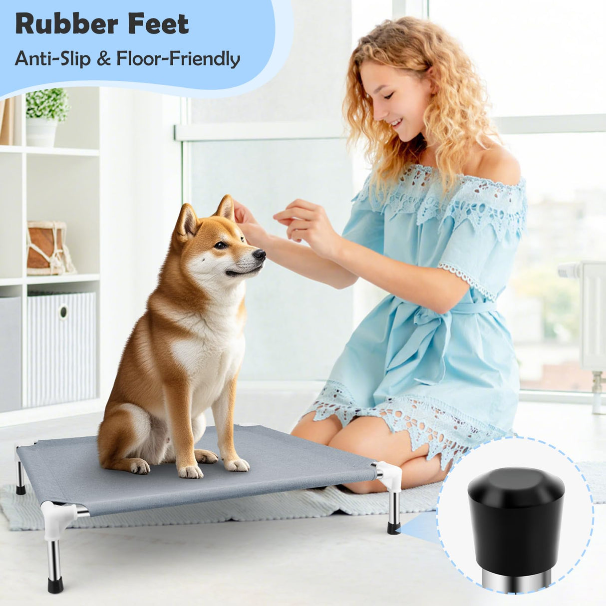 Elevated Cooling Dog Bed, Raised Outdoor Dog Bed for Medium Dogs, Portable Pet Cots with No-Slip Rubber Feet, Double Layer Polyester Cotton
