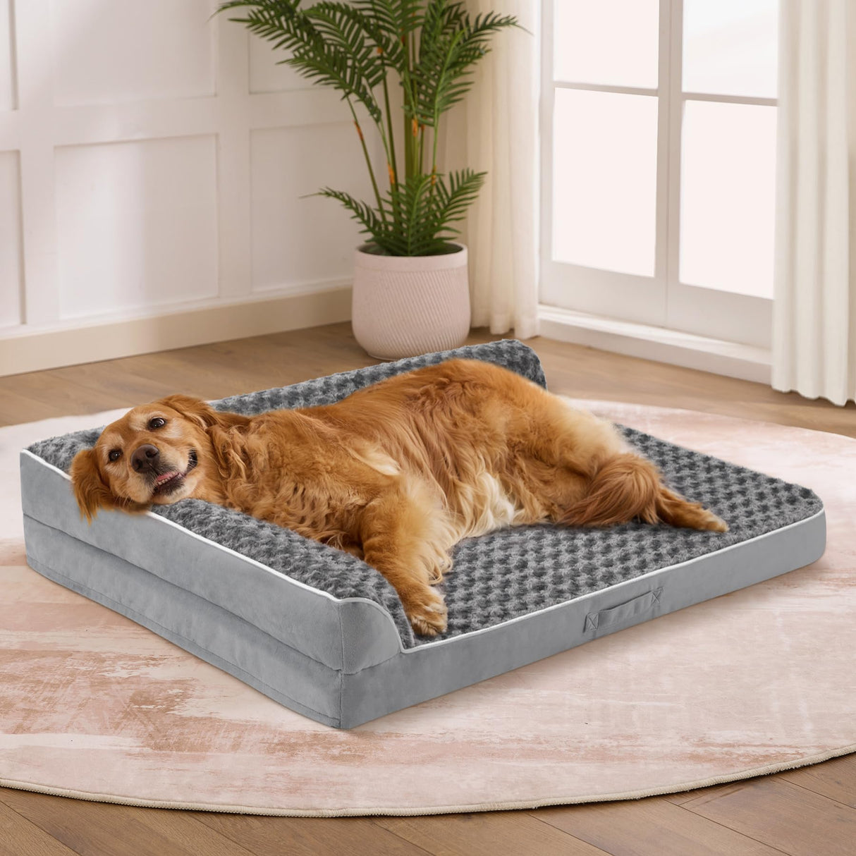Aeroluxe Dog Bed Large Sized Dogs, XXL Orthopedic Dog Bed for Large Dogs, Waterproof Pet Bed with Washable Removable Cover, L-Shaped Pet Couch with Portable Handle 48"x35"x7.5", Grey